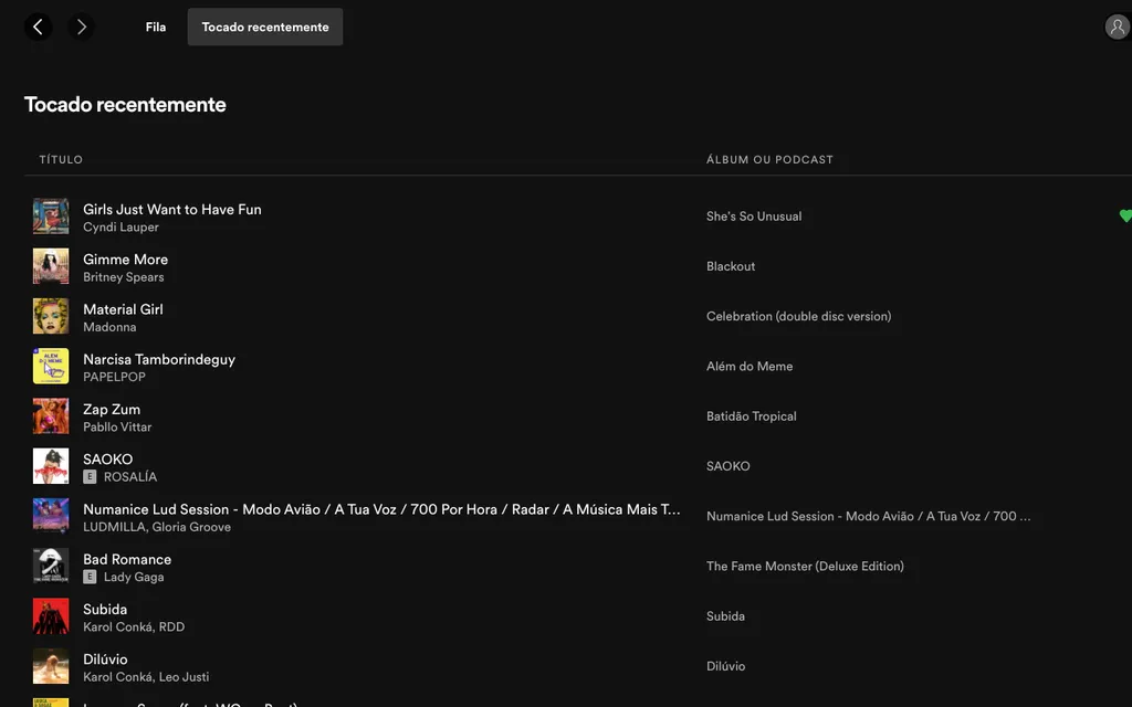 Spotify guarda as últimas 50 músicas ouvidas na playlist "Tocado recentemente" (Captura de tela: Caio Carvalho)