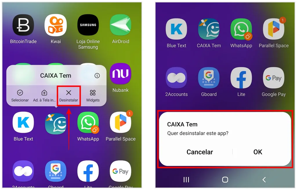 No Android, pressione o ícone do aplicativo para excluir do celular (Captura de tela: Caio Carvalho)
