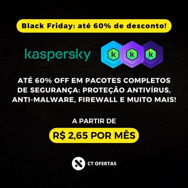 Kaspersky em BLACK FRIDAY: até 60% OFF em pacotes completos de segurança (Proteção Anti-Virus, Anti-Malware, Firewall e muito mais) - *Preço mensal* [LEIA A DESCRIÇÃO]