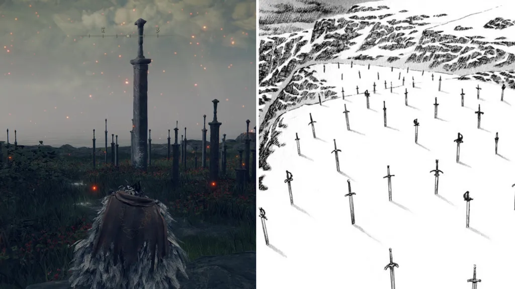 Imagem à esquerda mostra região do jogo, enquanto imagem à direita exibe a Colina de Espadas de Berserk. (Imagem: Montagem/Canaltech/FromSoftware/Berserk)