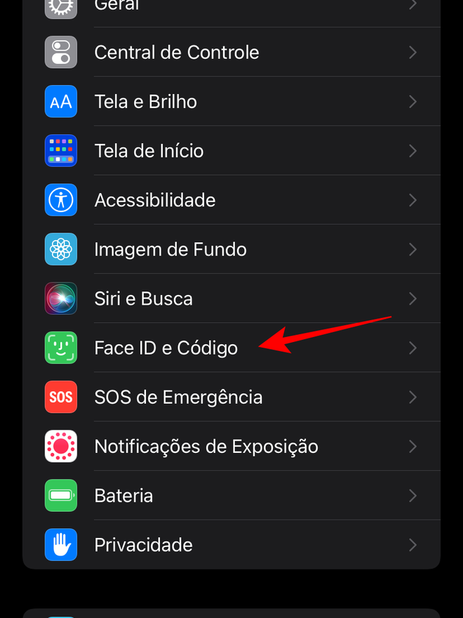 Abra a seção "Face ID e Código" dos ajustes do iPhone - Captura de tela: Thiago Furquim (Canaltech)