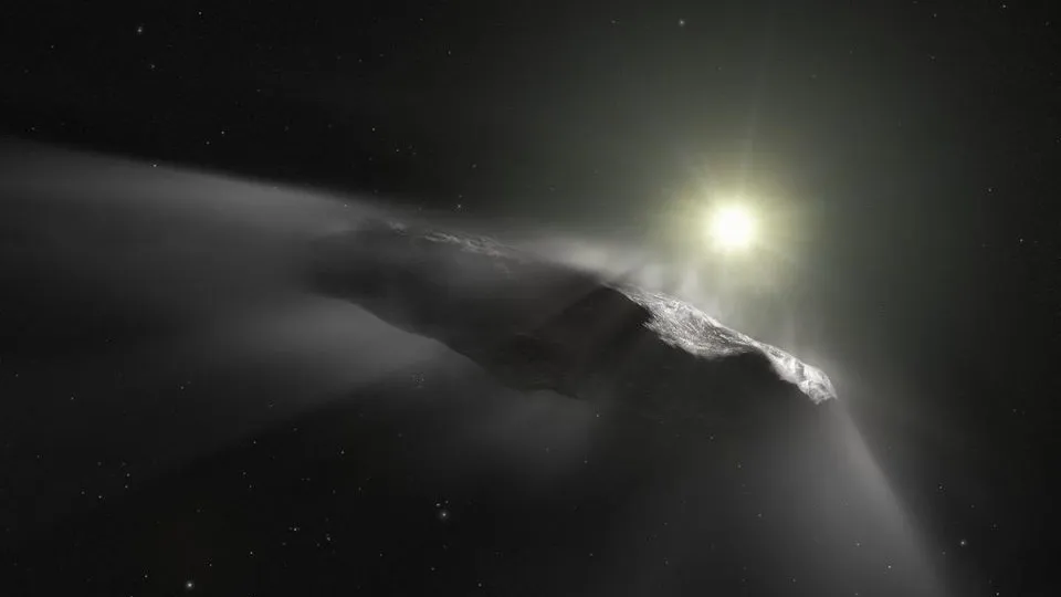 Conceito artístico do objeto interestelar Oumuamua (Imagem: Reprodução/ESA/NASA/ESO/M. Kornmesser)