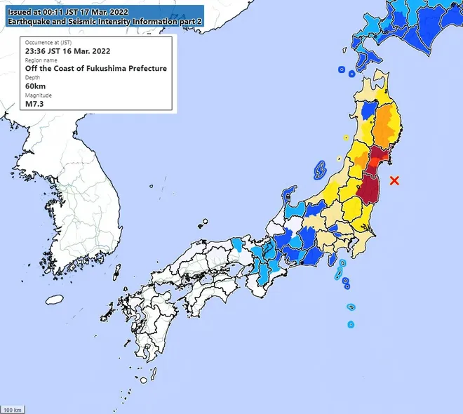 O mapa aponta a intensidade do abalo pelo Japão, onde o vermelho é mais intenso do que as áreas em azul (Imagem: Reprodução/JMA)