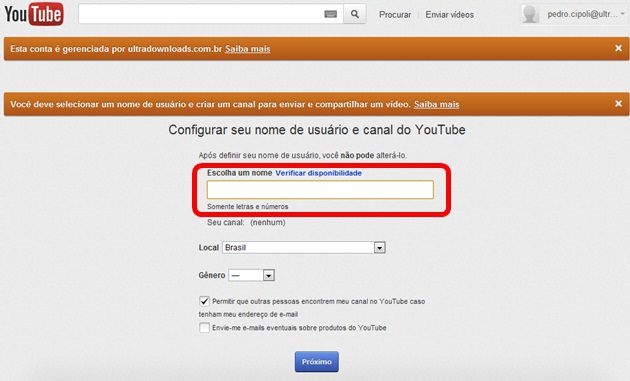 Criação do canal Criação do canal