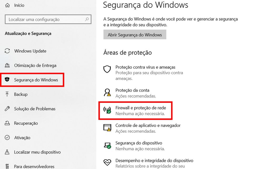 Acesse a aba "Segurança do Windows" e clique em "Firewall e proteção de rede" (Captura de tela: Matheus Bigogno)