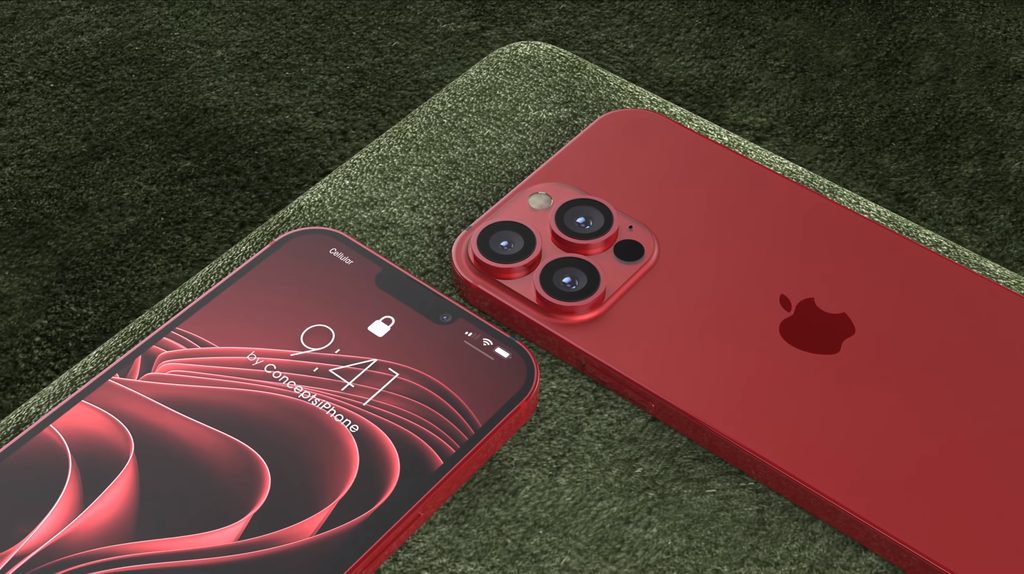 Conceito imagina versão vermelha do iPhone 13 Pro com câmera maior e entalhe mais estreito (Imagem: Reprodução/ConceptsiPhone)