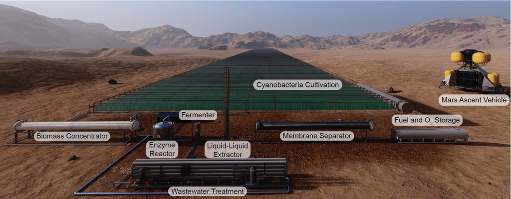 Fotobiorreatores do tamanho de campos de futebol, cobertos por cianobactérias, podem produzir combustível em Marte (Imagem: Reprodução/BOKO mobile study)