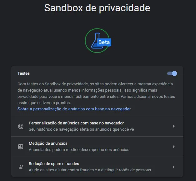 Os usuários podem participar dos testes da Privacy Sandbox de forma voluntária (Imagem: Reprodução/Google)