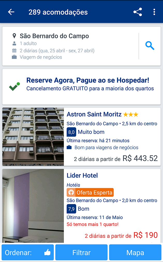 Plataforma da Booking também dispõe de um app móvel, por onde é possível fazer buscas, conferir as melhores ofertas e efetuar reservas