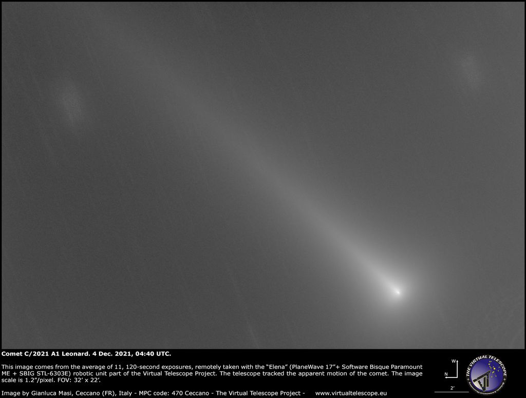 Cometa Leonard no dia 4 de dezembro de 2021 (Imagem: Reprodução/The Virtual Telescope Project)