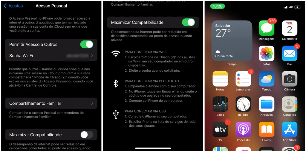 Compartilhe o acesso Wi-Fi com outros dispositivos pelo Acesso Pessoal do iPhone (Imagem: Captura de tela/Thiago Furquim/Canaltech)