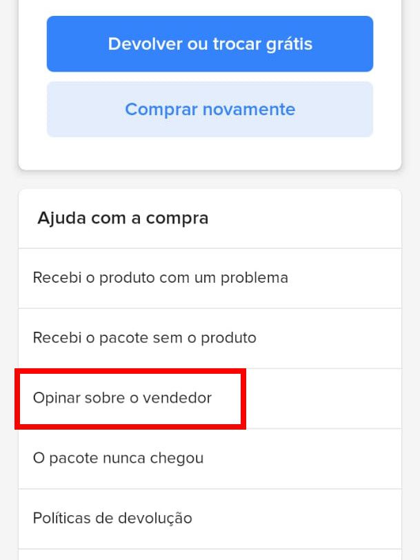 Role a aba seguinte até encontrar a opção "Opinar sobre o vendedor" e clique nela (Captura de tela: Matheus Bigogno)