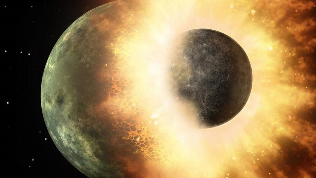 Na época do Sistema Solar primordial, várias colisões entre protoplanetas, como a da ilustração acima, podem ter acontecido (Imagem: Reprodução/JPL-Caltech/NASA)