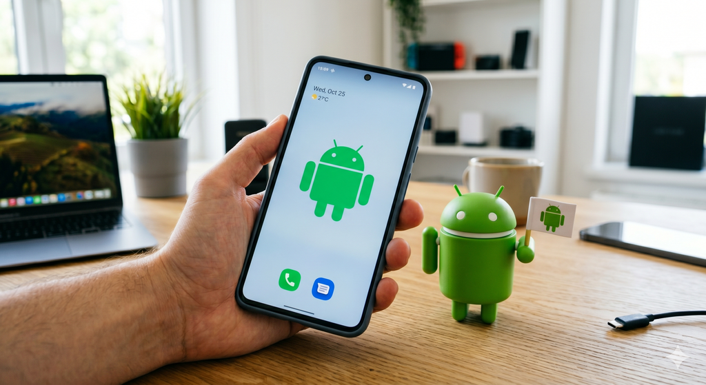 Celular Android ao lado de mini Android verde