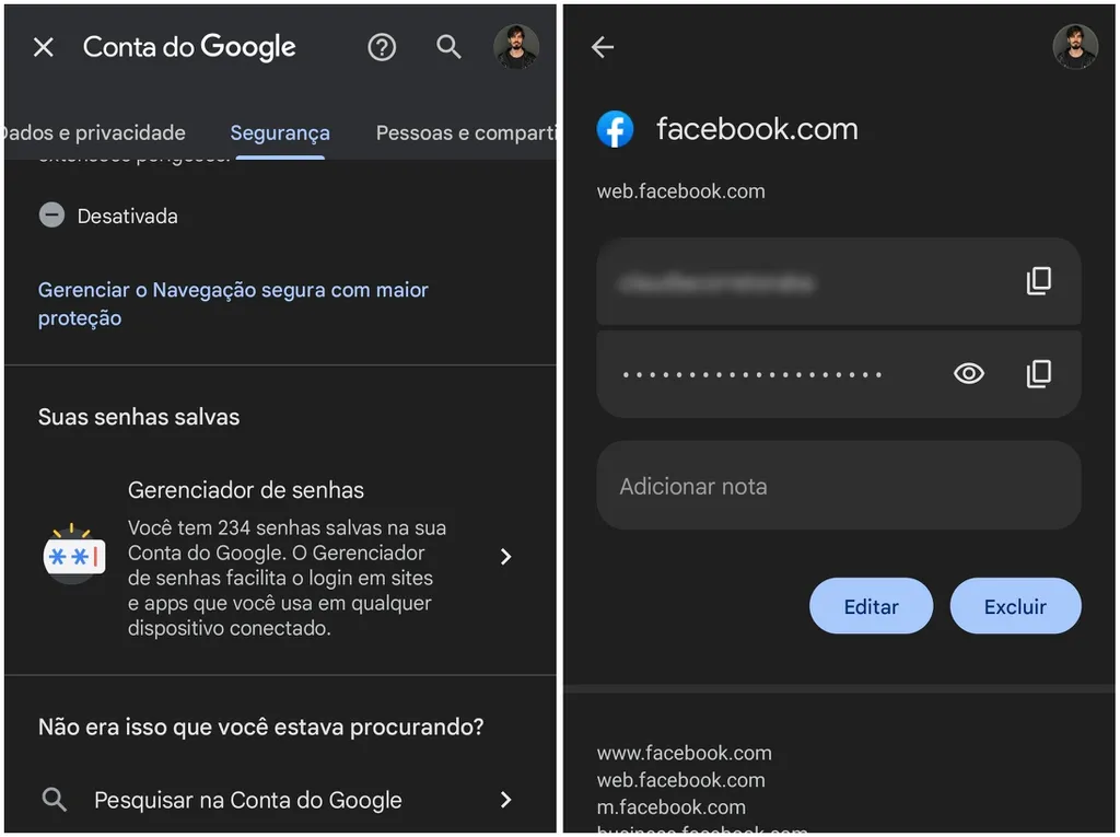 Encontre a senha do Facebook no gerenciador da conta do Google (Imagem: Captura de tela/Thiago Furquim/Canaltech)
