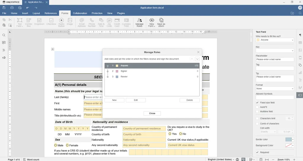 O OnlyOffice permite atribuir cargos para diferentes visitantes para facilitar o preenchimento de formulários (Imagem: Reprodução/OnlyOffice)