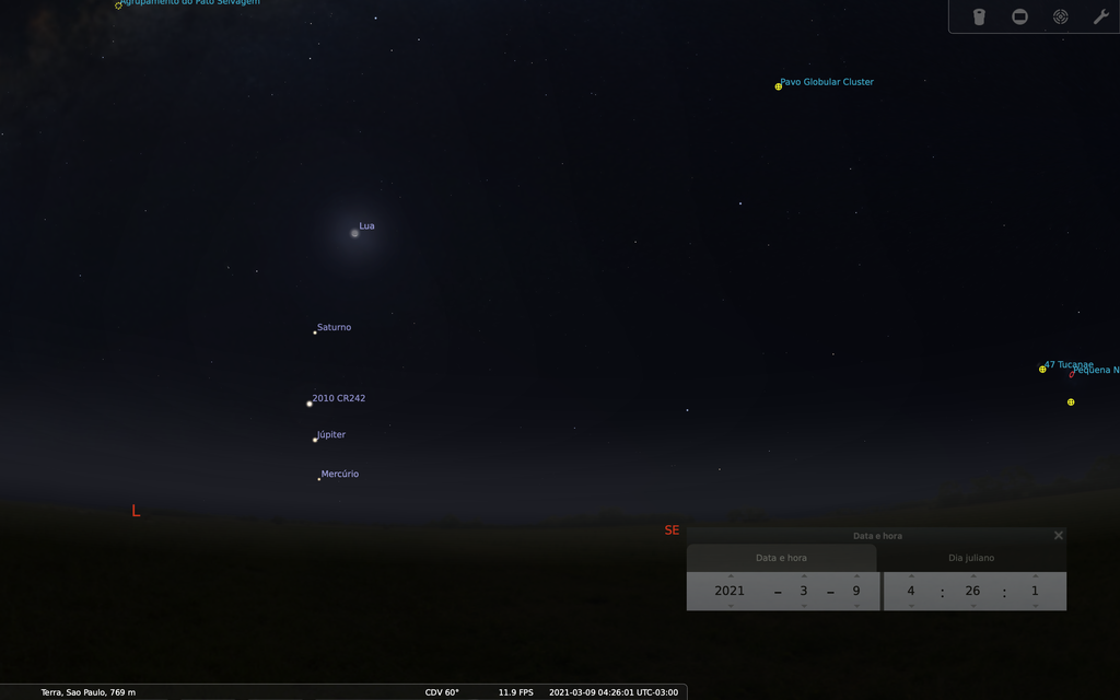 Céu do final da madrugada do dia 9 de março de 2021, com Saturno, Júpiter e Mercúrio aparecendo abaixo da Lua (Captura de tela: Canaltech/Stellarium)