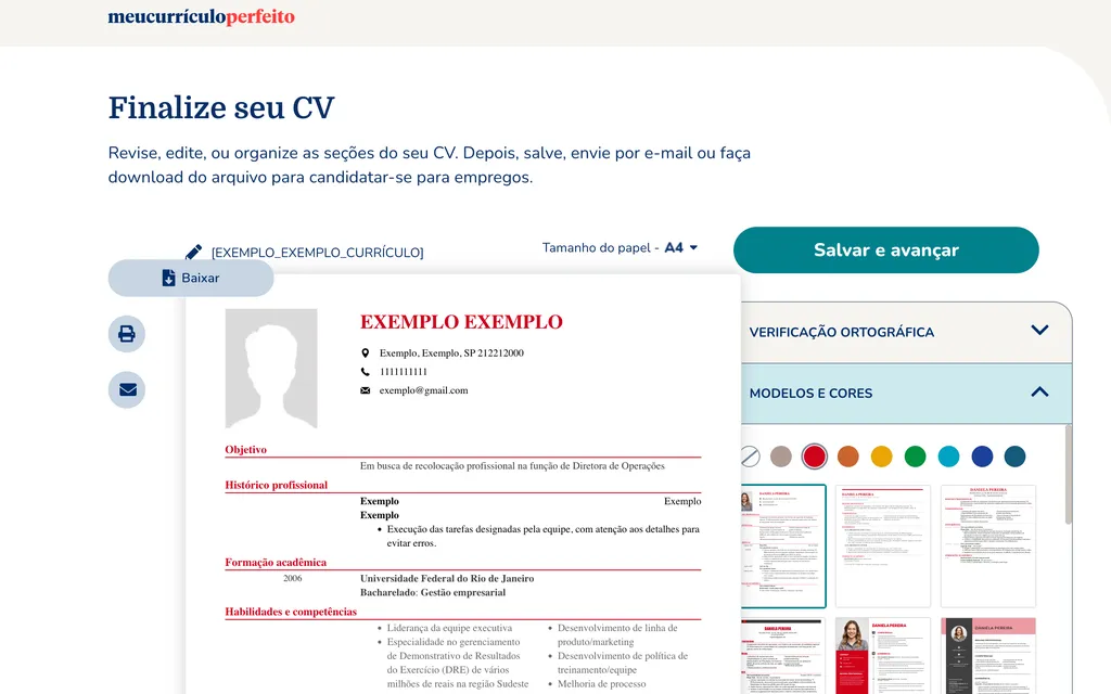 Você pode baixar o currículo criado na plataforma para imprimir em PDF (Imagem: Captura de tela/Thiago Furquim/Canaltech)