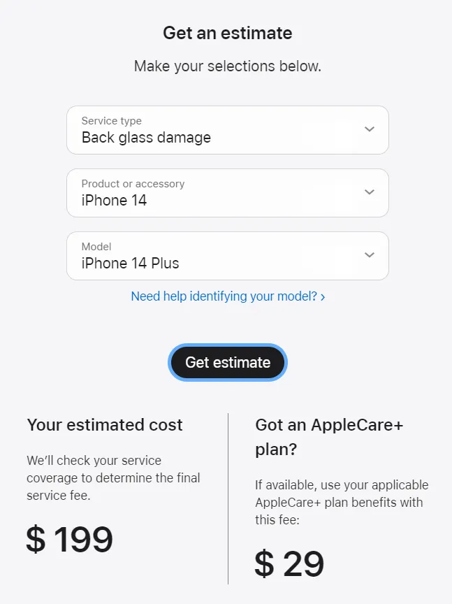 Preço do reparo da tampa traseira do iPhone 14 Plus é de 199 dólares (Imagem: Reprodução/Apple)
