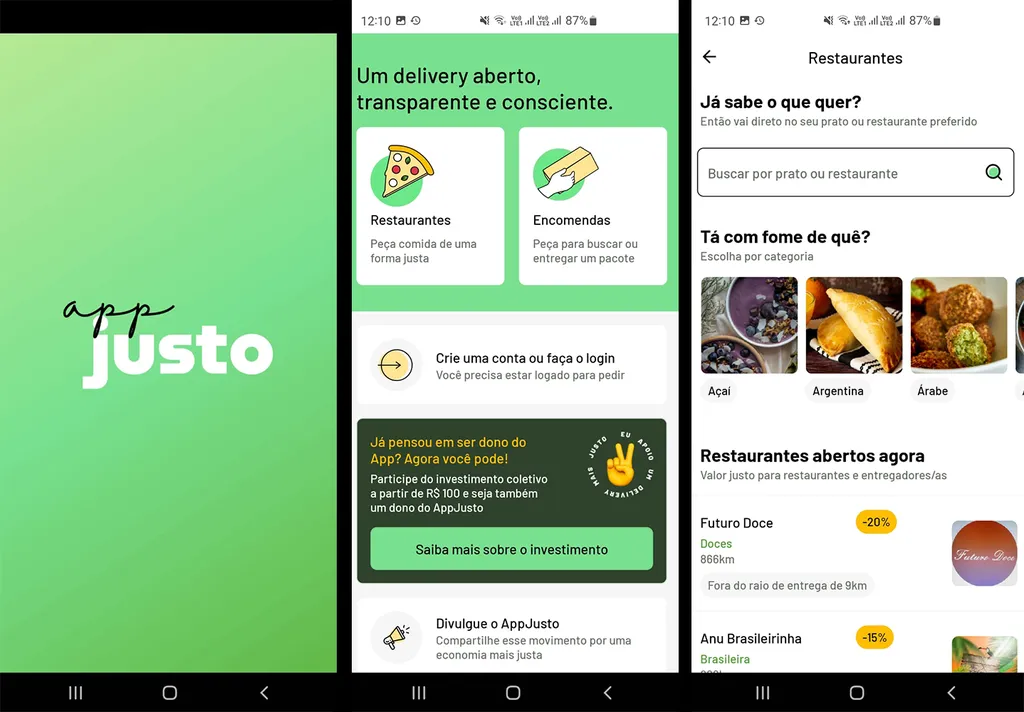 O AppJusto permite entrega de comidas ou encomendas nas condições estabelecidas por restaurantes e entregadores (Imagem: Captura de tela/Alveni Lisboa/Canaltech)