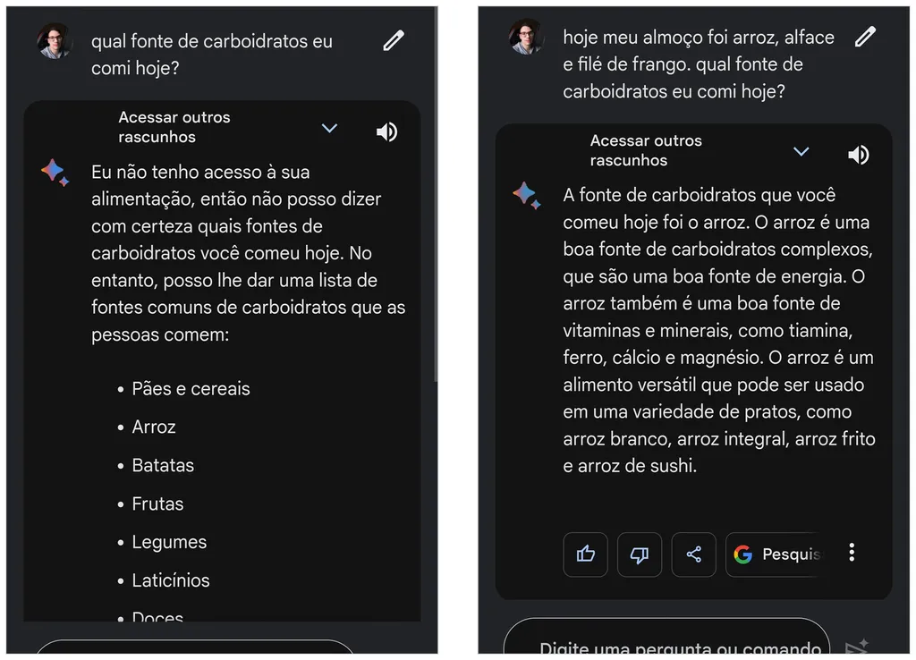 Bard exibe respostas diferentes quando a LLM recebe contexto nos prompts (Imagem: Captura de tela/André Magalhães/Canaltech)