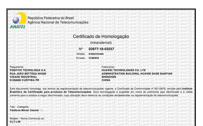 Certificado de homologação do Huawei P20 Pro na Anatel (Imagem: Divulgação / Anatel)