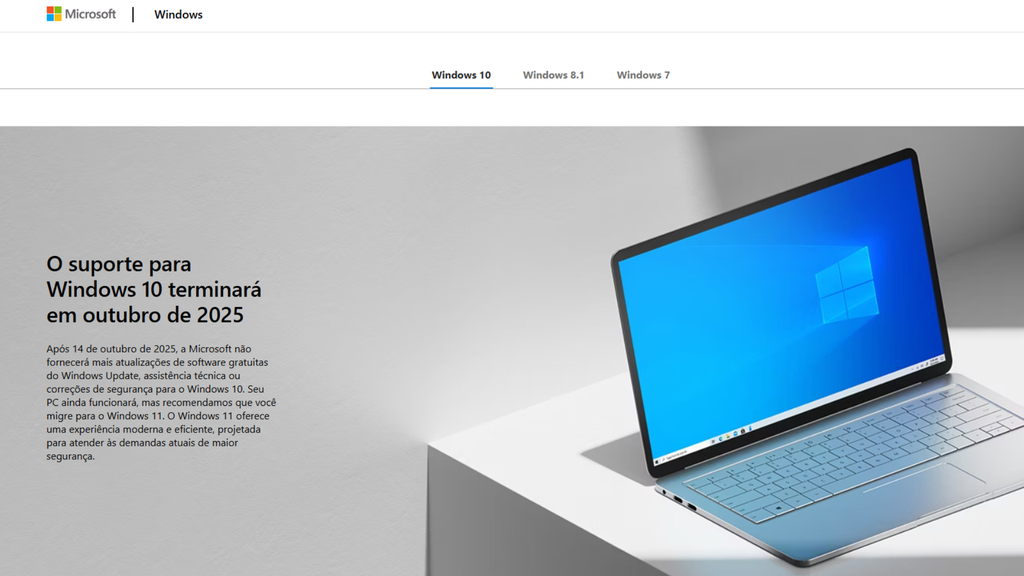 captura de tela do site do fim do suporte do windows 10