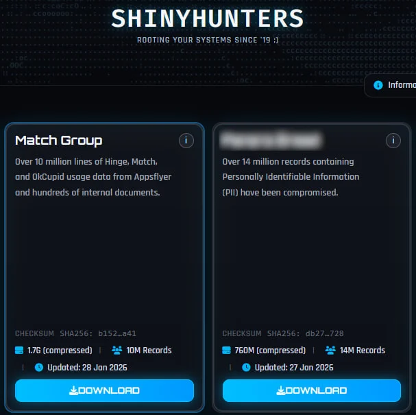 O ataque ao Match Group foi anunciado pelo grupo hacker ShinyHunters em sua página para atores clandestinos (Imagem: BleepingComputer/Divulgação)