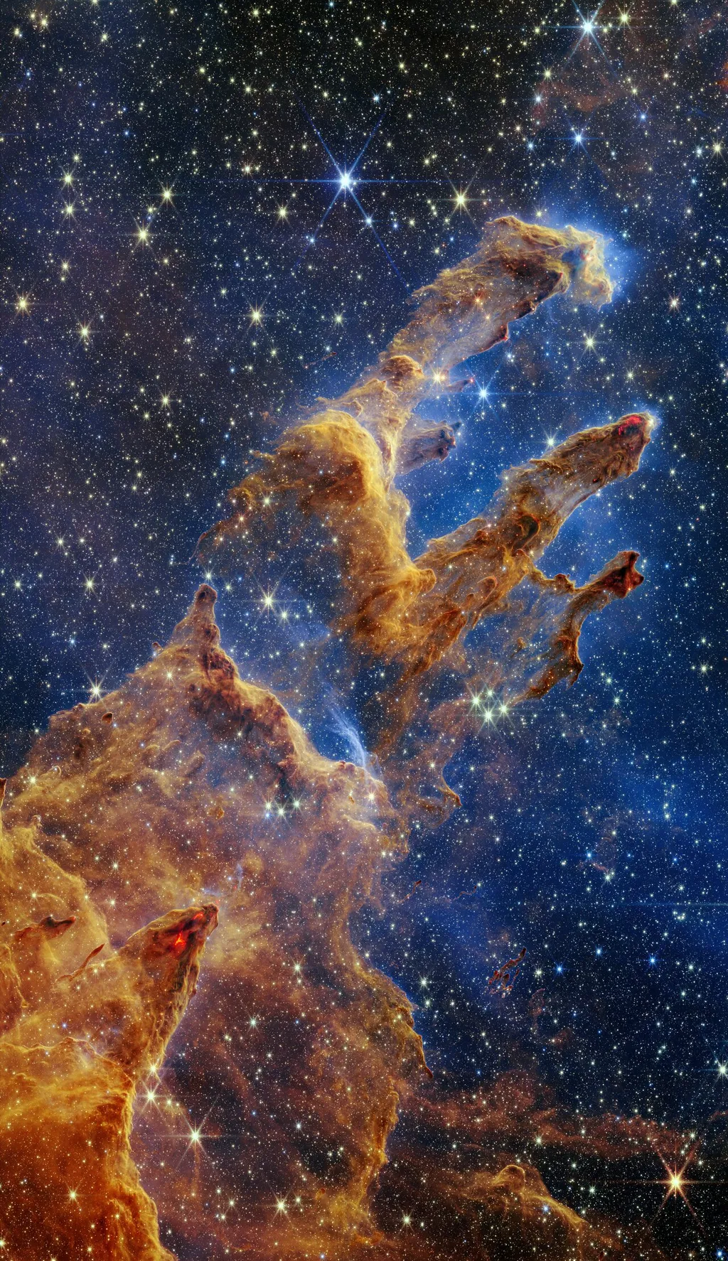 Pilares da Criação observados pelo telescópio James Webb, na luz infravermelha próxima (Imagem: Reprodução/NASA, ESA, CSA, STScI; J. DePasquale, A. Koekemoer, A. Pagan (STScI)