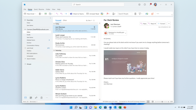 Integração do Outlook com demais programas da plataforma permite a adição de prévias de documentos em e-mails (Imagem: Reprodução/Microsoft)