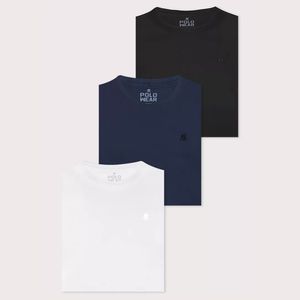 PARCELADO | Kit 3 Camisetas Masculinas 100% Algodão, Polo Wear, Cores Sortidas