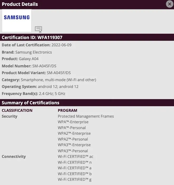 Galaxy A04 ganhou certificação com detalhes de conectividade (Imagem: Wi-Fi Alliance)