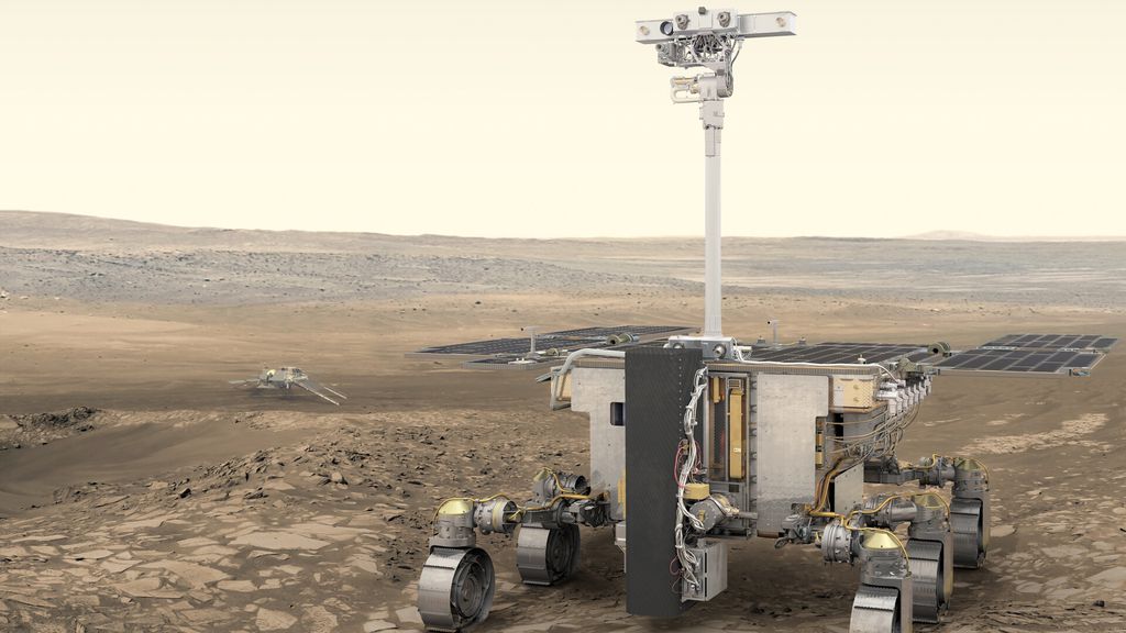 Representação artística do rover Rosalind Franklin, destina a perfurar o solo marciano em busca de sinais de vida no passado do planeta (Imagem: Reprodução/ESA)
