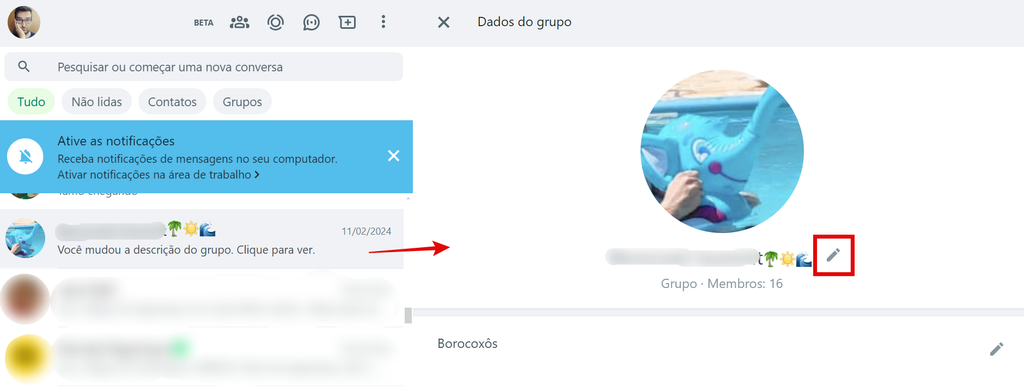 Também é possível alterar o nome de um grupo na versão Web do mensageiro (Imagem: Captura de tela/Guilherme Haas/Canaltech)