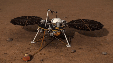 Animação mostra a InSight posicionando seu sismógrafo no solo marciano (Imagem: NASA)