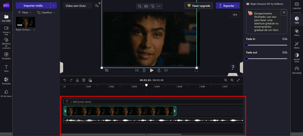 Você pode editar corte de vídeo e de áudio nas barras abaixo do vídeo (Imagem: Captura de tela/Fabrício Calixto/Canaltech)