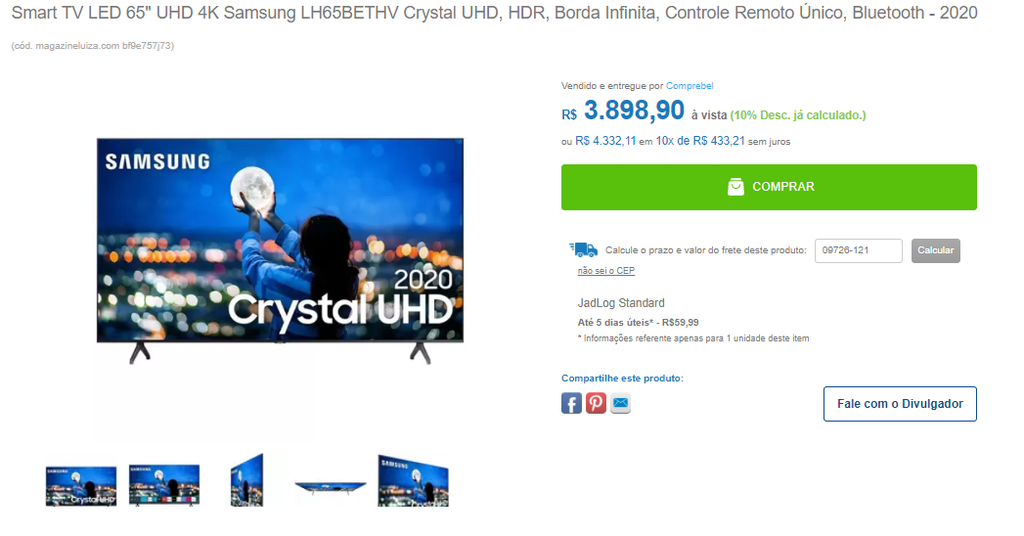 Smart TV LED 65" UHD 4K Samsung LH65BETHV Crystal UHD, HDR, Borda ...