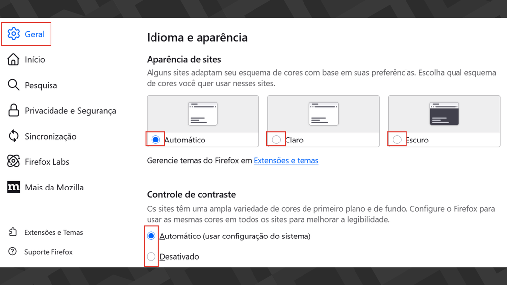 Captura de tela das configurações de aparência no Firefox