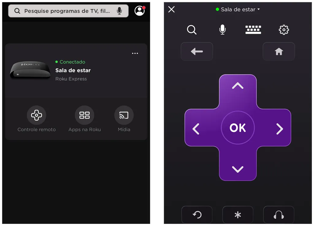 O app do Roku para celulares pode ser usado para controlar o aparelho (Imagem: Captura de tela/André Magalhães/Canaltech)