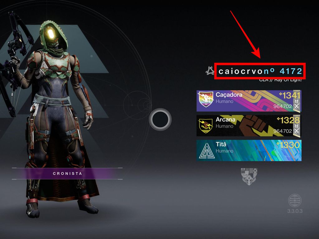 Seu Apelido Bungie aparece acima dos emblemas dos personagens criados dentro de Destiny 2. Assim, fica mais fácil compartilhar com outras pessoas (Captura de tela: Caio Carvalho/Canaltech)