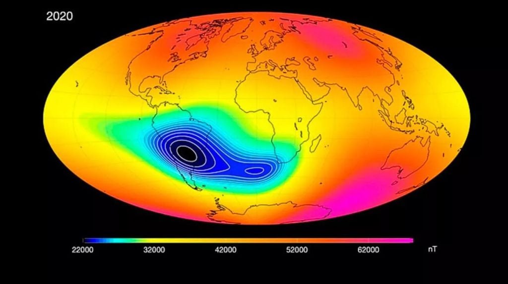 A Anomalia Magnética do Atlântico Sul (AMAS) está crescendo e indo para o oeste, segundo estudos globais (Imagem: National Oceanic and Atmospheric Administration)