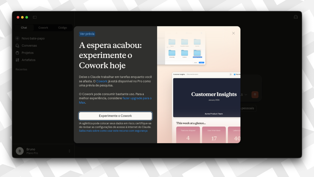 Cowork foi liberado poucos dias após entrar na fila de espera da Anthropic (Imagem: Captura de tela/Bruno De Blasi/Canaltech)