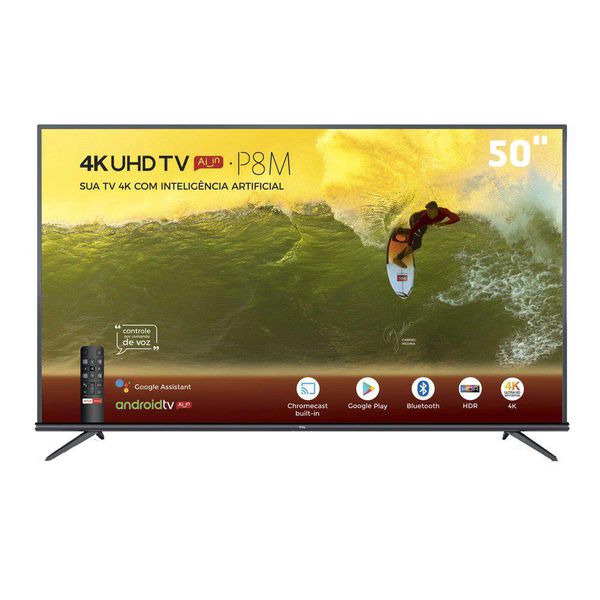 Smart TV LED 50" 4K TCL 50P8M com Android TV, Controle Remoto Comando de Voz, HDR, Micro Dimming, Google Assistant, Bluetooth, HDMI e USB