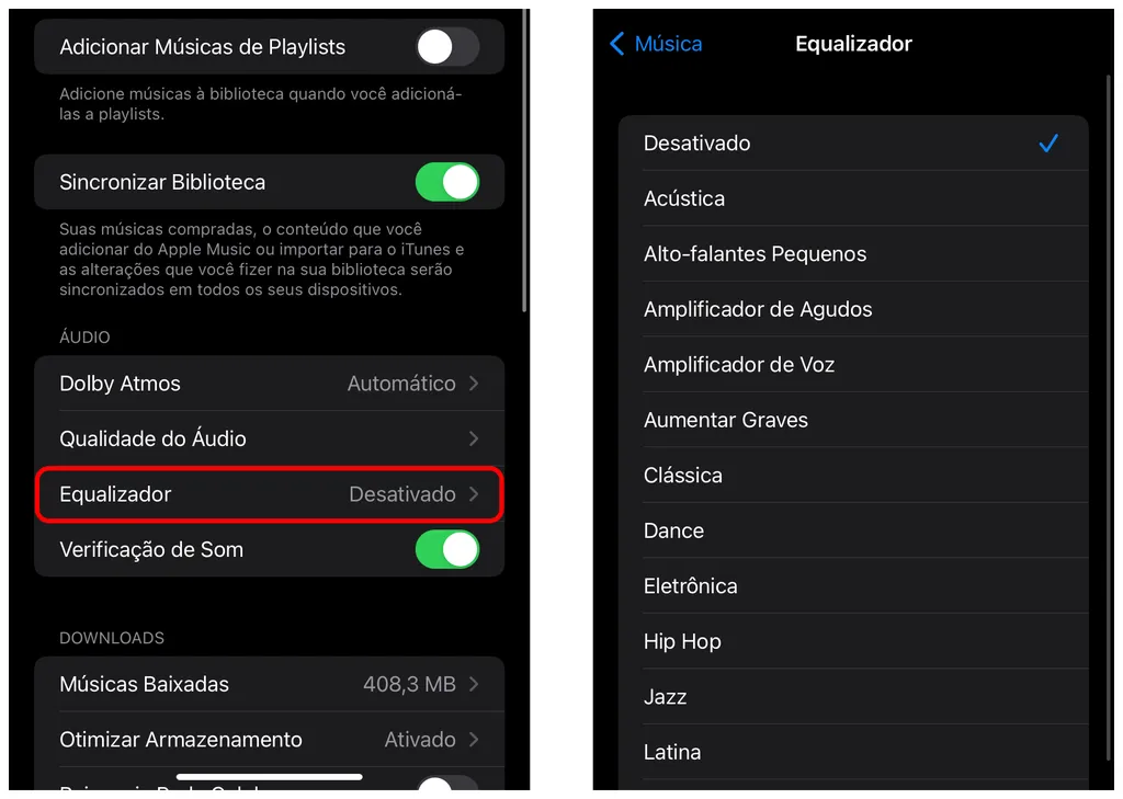 Escolha a equalização ideal para as músicas que você mais escuta no Apple Music (Imagem: Thiago Furquim)