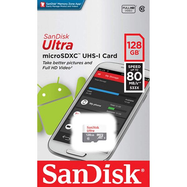 Cartão Microsd Sandisk Ultra 128Gb Cl 10 80Mb/S Lacrado