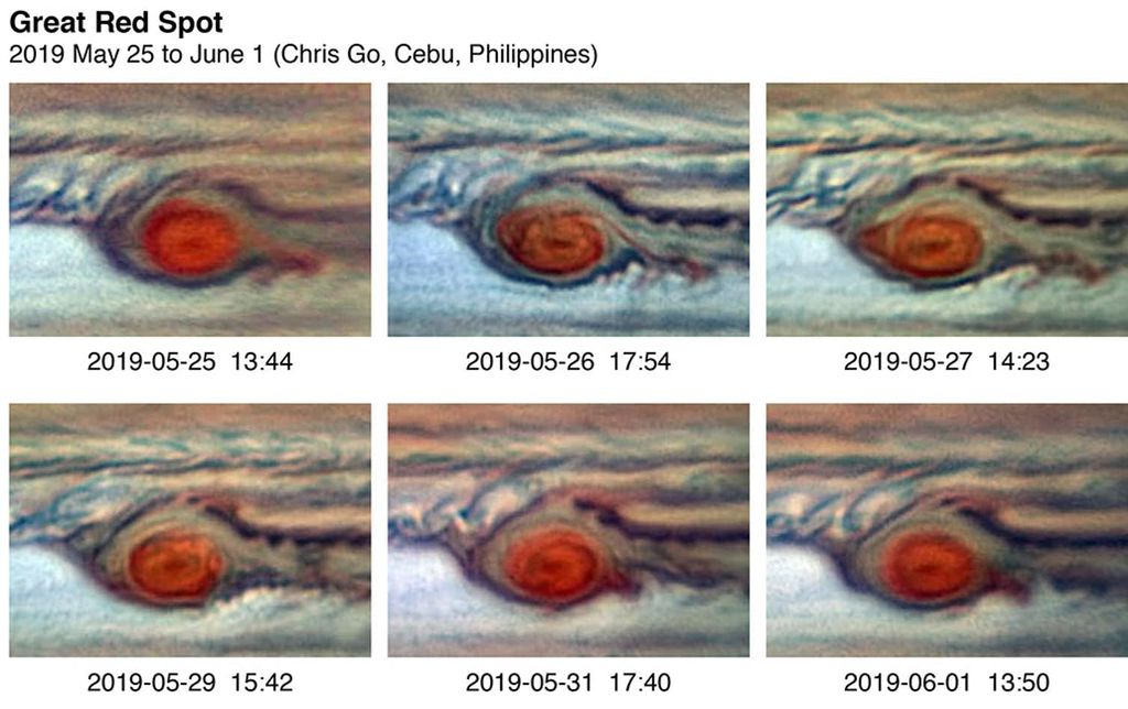 As imagens capturam a "descamação" de nuvens vermelhas da Grande Mancha em um período de 2019. Na imagem mais antiga, de 25 de maio, a descamação é predominante no lado leste do vórtice gigante, mas um novo "floco" começa a de destacar nas imagens mais recentes (Imagem: Chris Go)