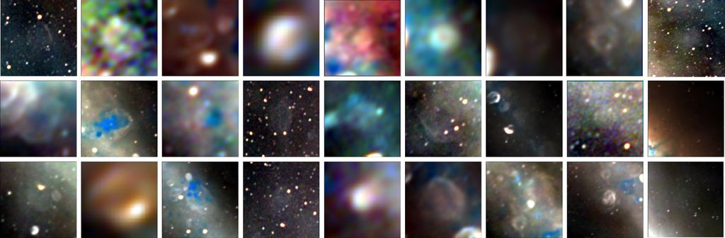 A foto mostra os 27 remanescentes de supernovas descobertos com a pesquisa GLEAM (Imagem: Dra. Natasha Hurley-Walker, GLEAM)