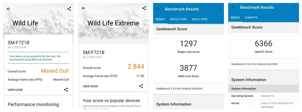 Testes de benchmark do Samsung Galaxy Z Flip 4 (Captura: Jucyber/Canaltech)