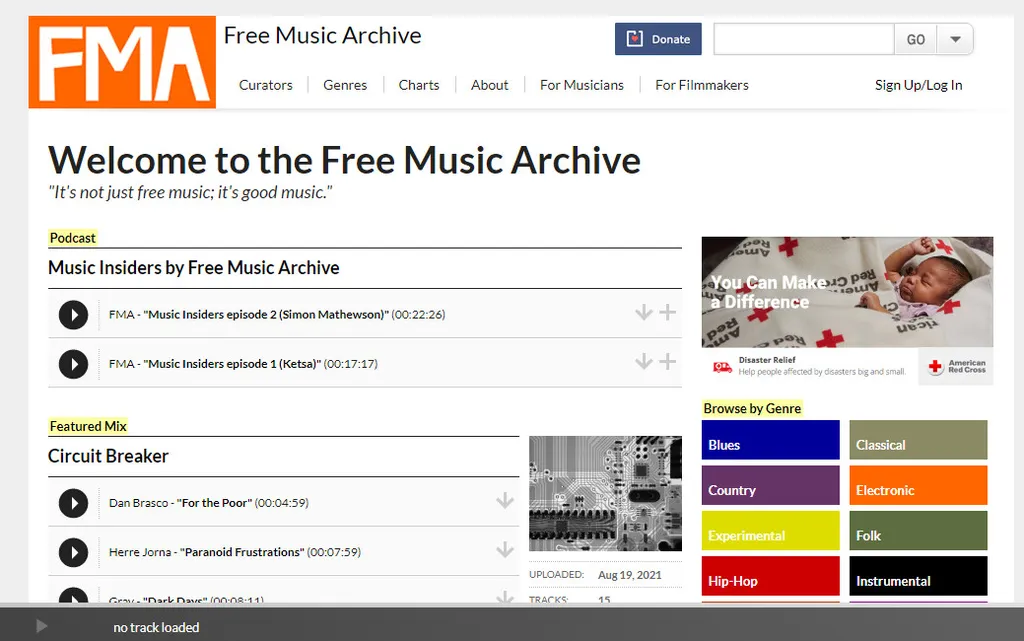 O Free Music Archive traz um acervo para download gratuito e legal de músicas (Captura de tela: Matheus Bigogno)