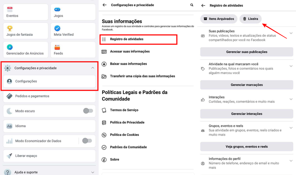 O Facebook Lite e a versão da rede social para web mobile permitem acessar a lixeira em poucos toques (imagem: Captura de tela/Fabrício Calixto/Canaltech)